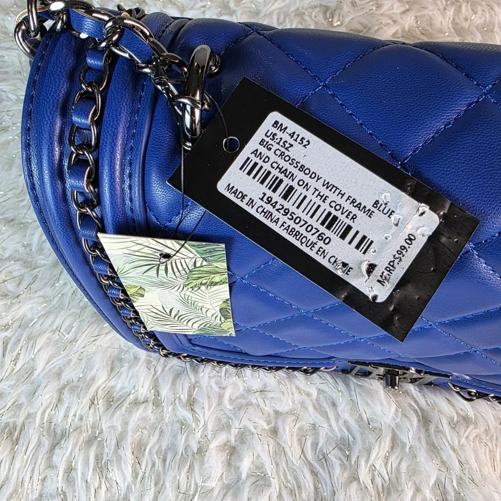 Badgley Mischka Blue Quilted Crossbody Bag BM-4152‎ Chain Trim NWT